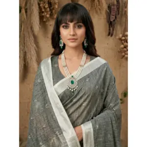 Women's Linen Cotton Printed Saree with Blouse – Gray