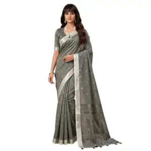Women's Linen Cotton Printed Saree with Blouse – Gray