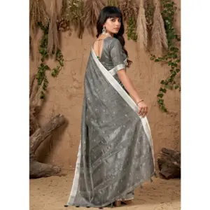 Women's Linen Cotton Printed Saree with Blouse – Gray