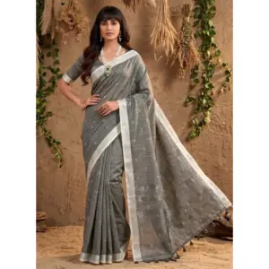 Women's Linen Cotton Printed Saree with Blouse – Gray