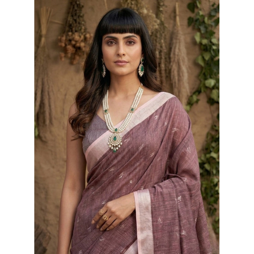 Women's Linen Cotton Printed Saree with Blouse – Purple