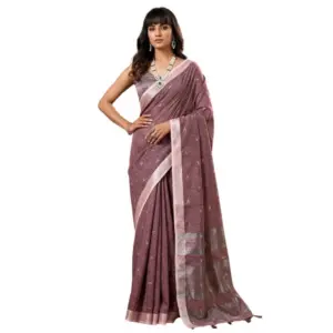 Women's Linen Cotton Printed Saree with Blouse – Purple