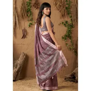 Women's Linen Cotton Printed Saree with Blouse – Purple