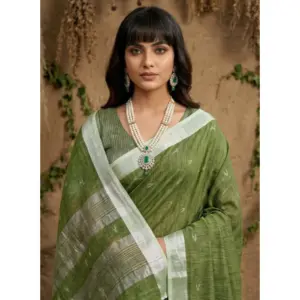 Women's Linen Cotton Printed Saree with Blouse – Green