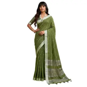 Women's Linen Cotton Printed Saree with Blouse – Green