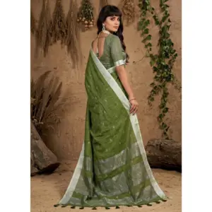 Women's Linen Cotton Printed Saree with Blouse – Green
