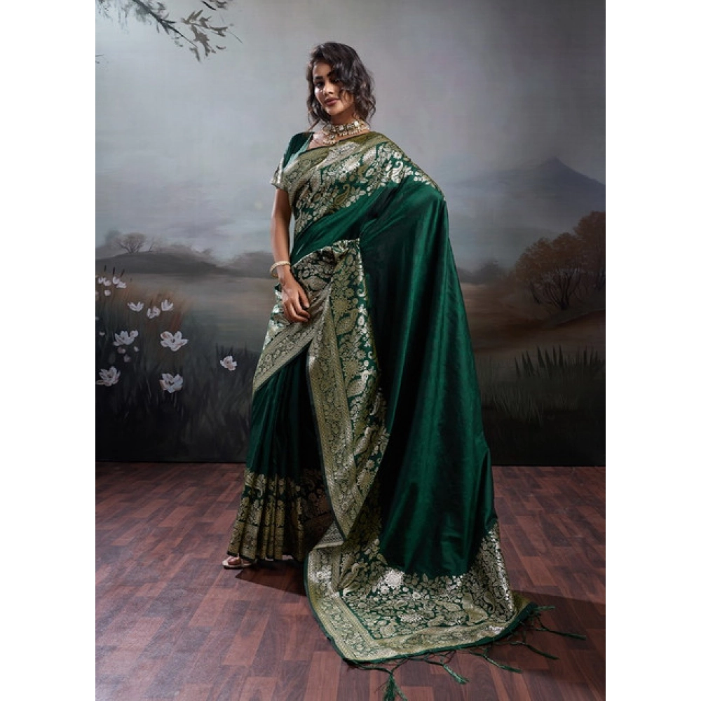 Women's Silk Blend Printed Saree with Blouse – Dark Green