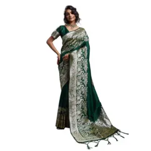 Women's Silk Blend Printed Saree with Blouse – Dark Green