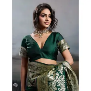 Women's Silk Blend Printed Saree with Blouse – Dark Green