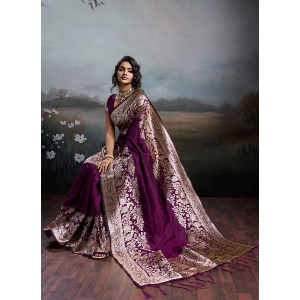 Women's Silk Blend Printed Saree with Blouse – Wine