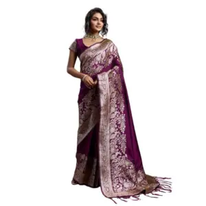 Women's Silk Blend Printed Saree with Blouse – Wine