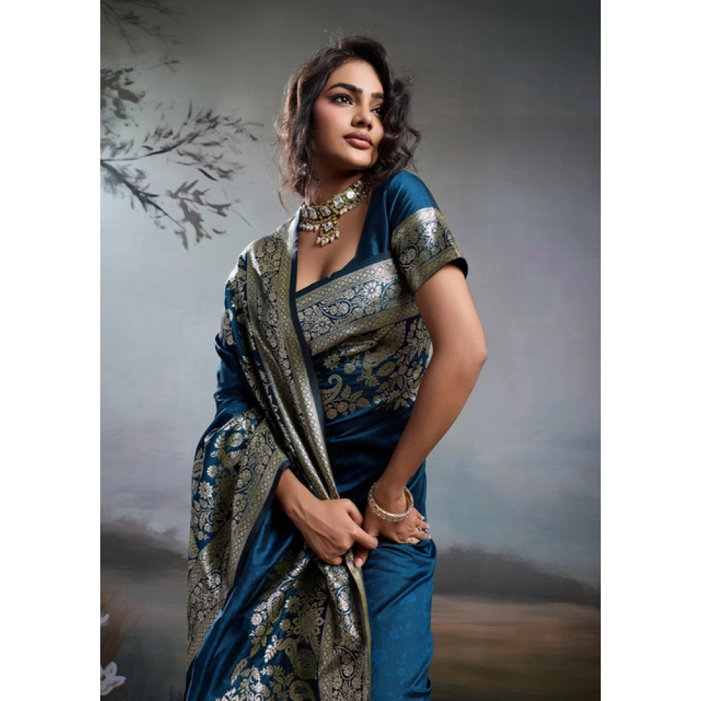 Women's Silk Blend Printed Saree with Blouse – Navy Blue
