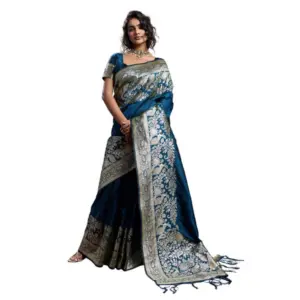 Women's Silk Blend Printed Saree with Blouse – Navy Blue