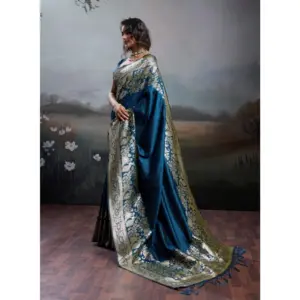 Women's Silk Blend Printed Saree with Blouse – Navy Blue