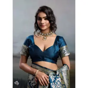 Women's Silk Blend Printed Saree with Blouse – Navy Blue