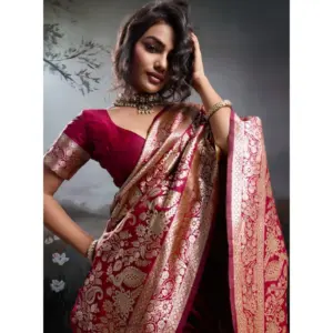 Women's Silk Blend Printed Saree with Blouse – Maroon