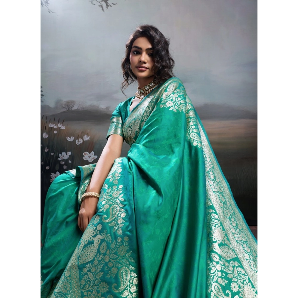 Women's Silk Blend Printed Saree with Blouse – Teal Green