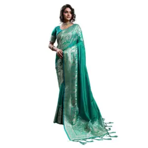 Women's Silk Blend Printed Saree with Blouse – Teal Green