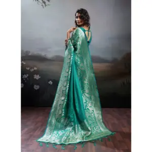 Women's Silk Blend Printed Saree with Blouse – Teal Green