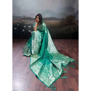 Women's Silk Blend Printed Saree with Blouse – Teal Green