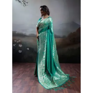 Women's Silk Blend Printed Saree with Blouse – Teal Green