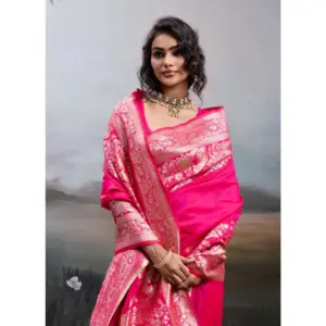 Women's Silk Blend Printed Saree with Blouse – Pink