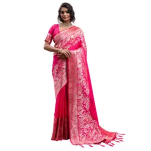 Women's Silk Blend Printed Saree with Blouse – Pink