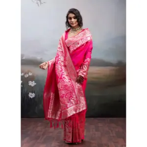 Women's Silk Blend Printed Saree with Blouse – Pink