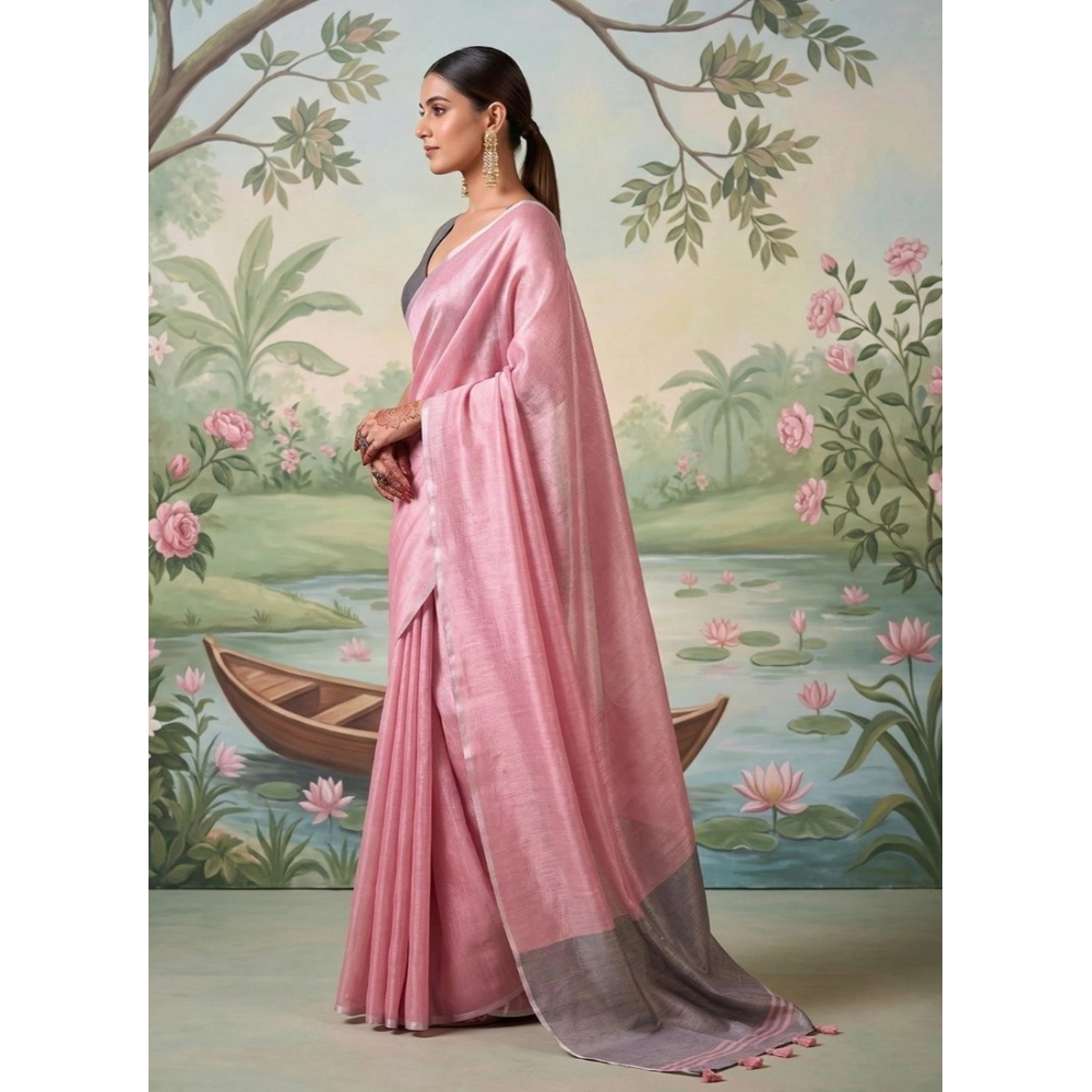 Women's Tissue Silk Solid Saree with Blouse – Baby Pink