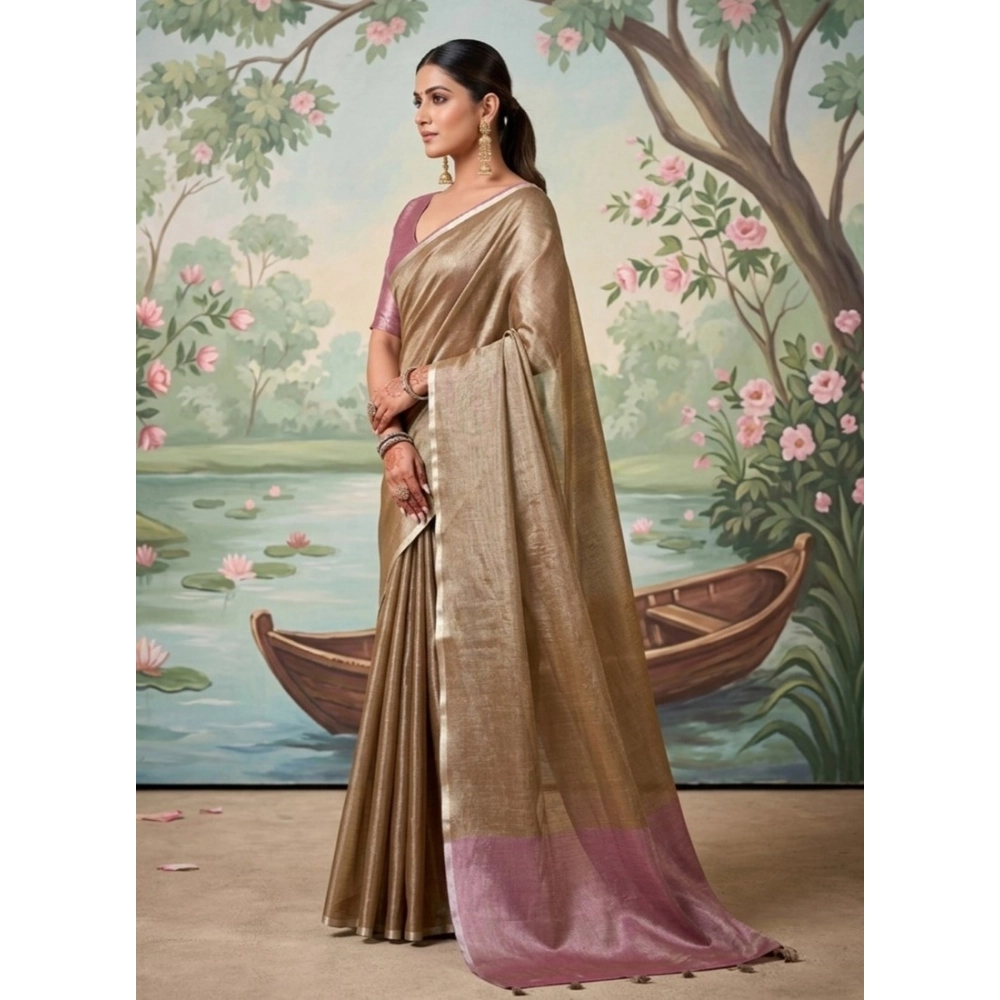 Women's Tissue Silk Solid Saree with Blouse – Brown