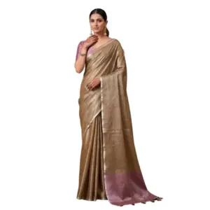 Women's Tissue Silk Solid Saree with Blouse – Brown