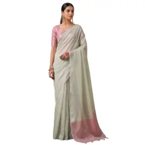 Women's Tissue Silk Solid Saree with Blouse – Silver