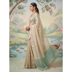 Women's Tissue Silk Solid Saree with Blouse – Beige