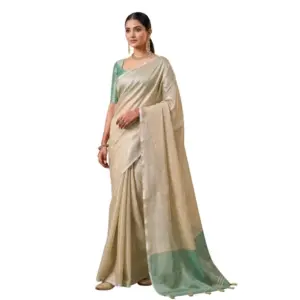 Women's Tissue Silk Solid Saree with Blouse – Beige