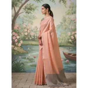 Women's Tissue Silk Solid Saree with Blouse – Peach