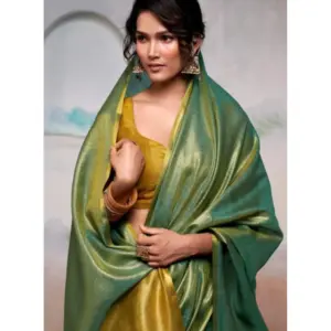 Women's Tissue Silk Solid Saree with Blouse – Light Green