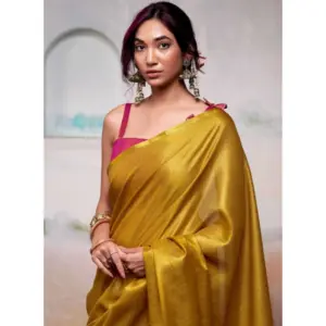 Women's Tissue Silk Solid Saree with Blouse – Yellow