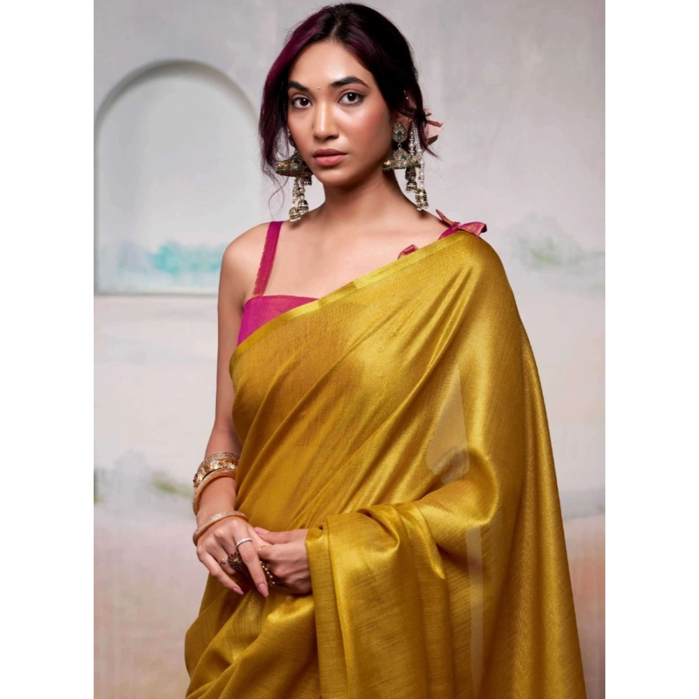 Women's Tissue Silk Solid Saree with Blouse – Yellow