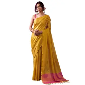 Women's Tissue Silk Solid Saree with Blouse – Yellow