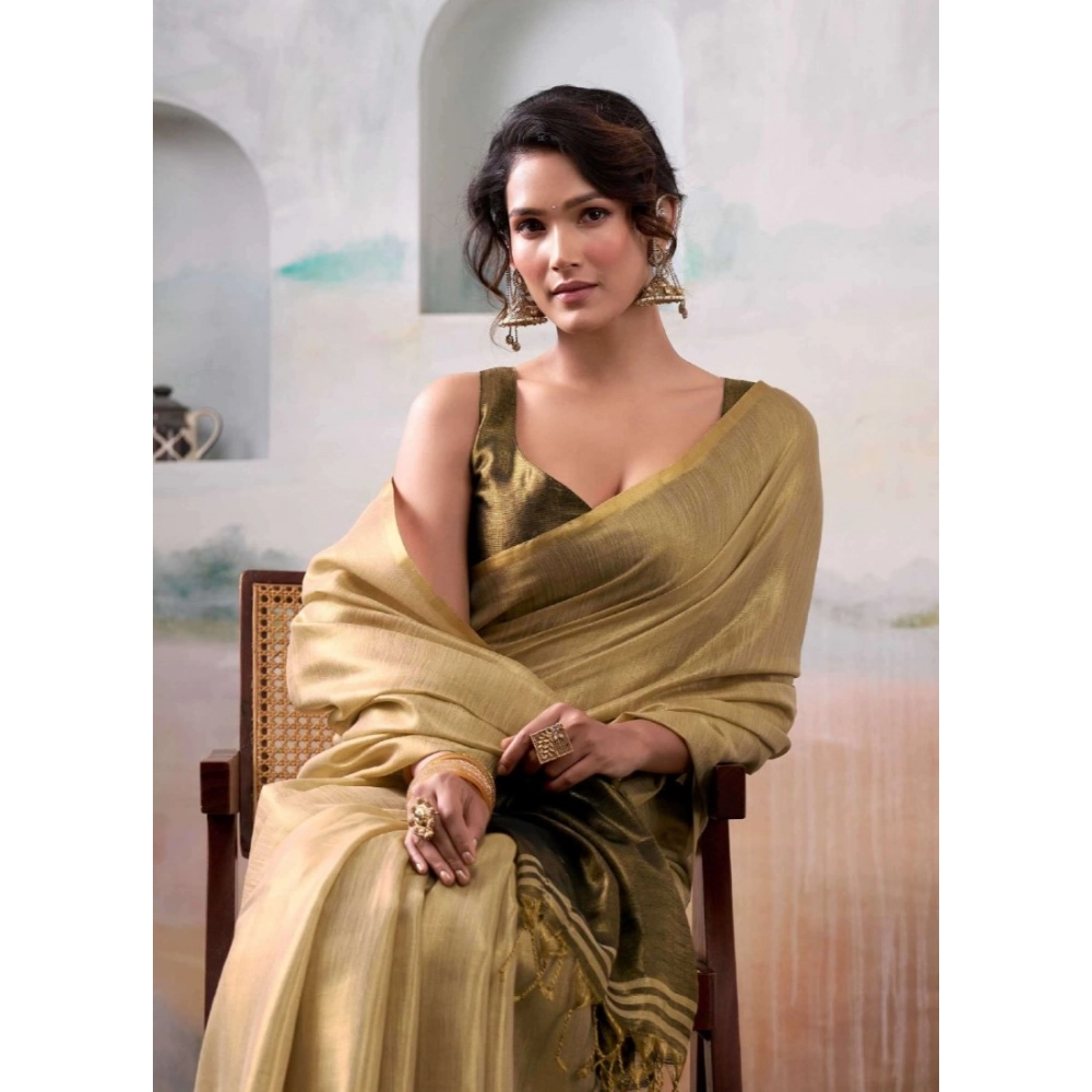 Women's Tissue Silk Solid Saree with Blouse – Gold