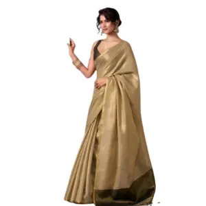 Women's Tissue Silk Solid Saree with Blouse – Gold