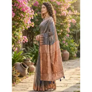 Women's Linen Cotton Printed Saree with Blouse – Grey