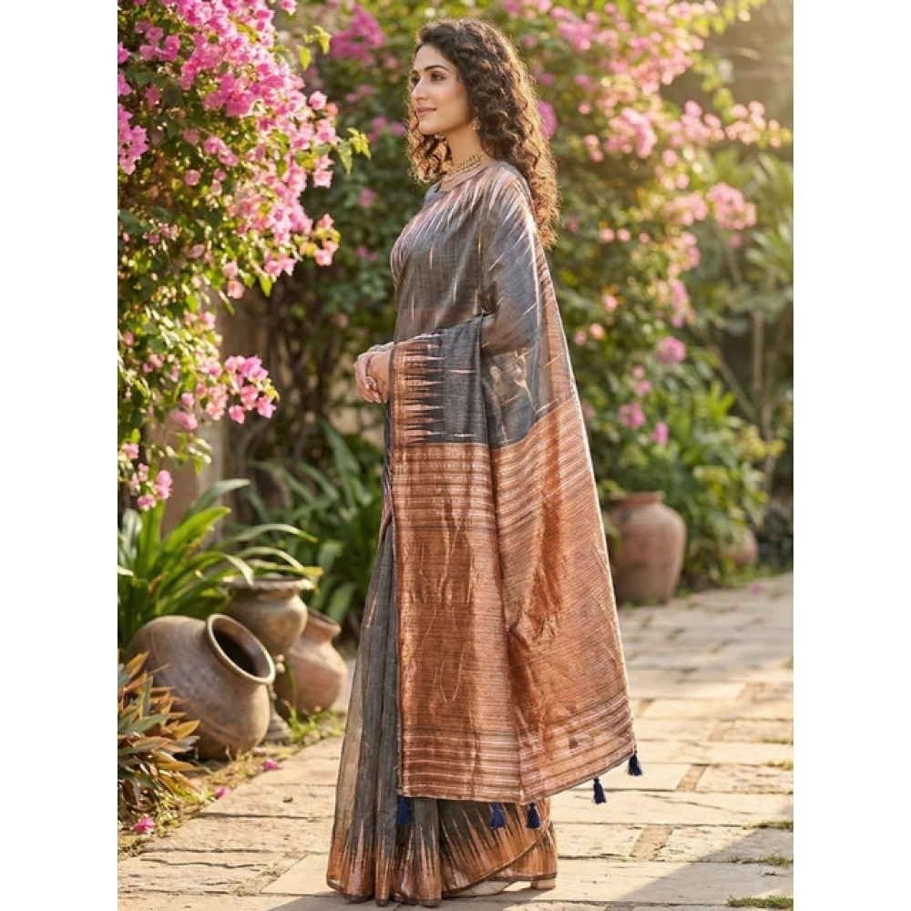Women's Linen Cotton Printed Saree with Blouse – Grey