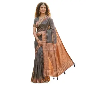 Women's Linen Cotton Printed Saree with Blouse – Grey