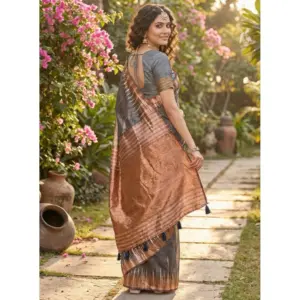 Women's Linen Cotton Printed Saree with Blouse – Grey