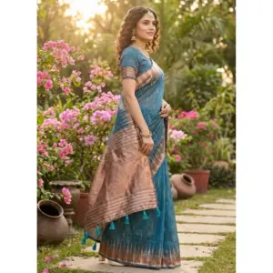 Women's Linen Cotton Printed Saree with Blouse – Blue