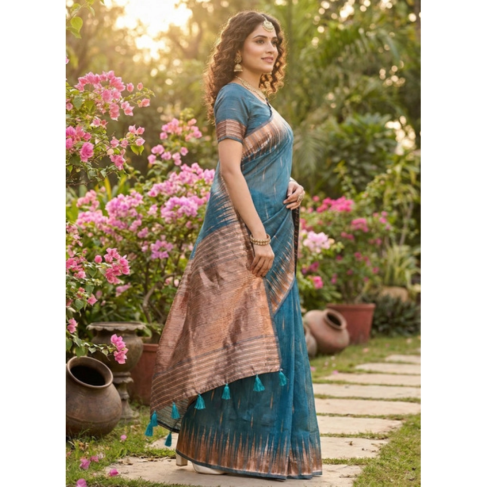 Women's Linen Cotton Printed Saree with Blouse – Blue