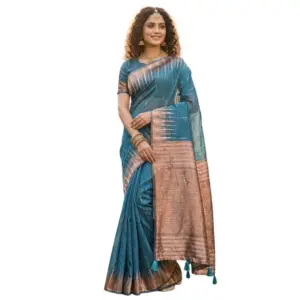 Women's Linen Cotton Printed Saree with Blouse – Blue