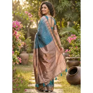 Women's Linen Cotton Printed Saree with Blouse – Blue