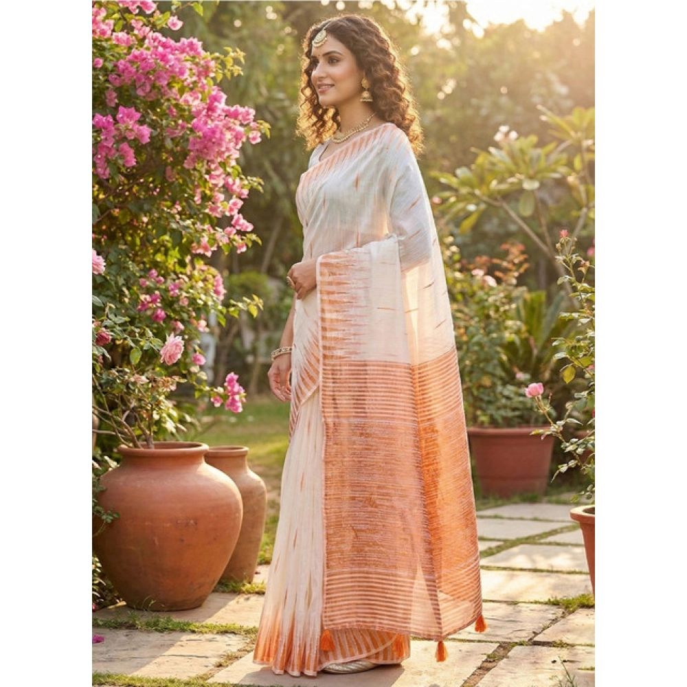 Women's Linen Cotton Printed Saree with Blouse – White